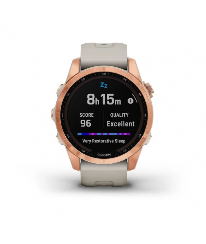 Garmin fenix® 7S – Solar Edition Rose Gold avec bracelet beige sable